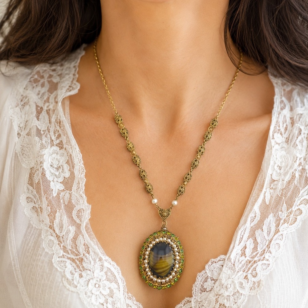 Vintage W Germany Gold Tone Filigree Necklace Art Glass Cabochon Pearl 1950s
